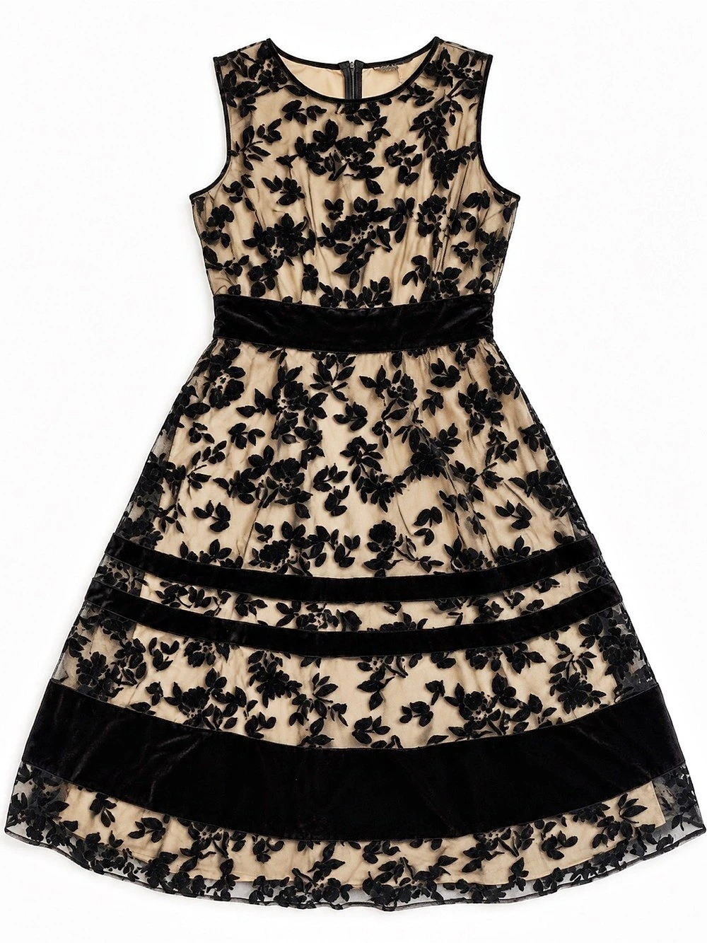 Taylor Velvet Burnout Stripe ankle length Dress Floral Black & Beige